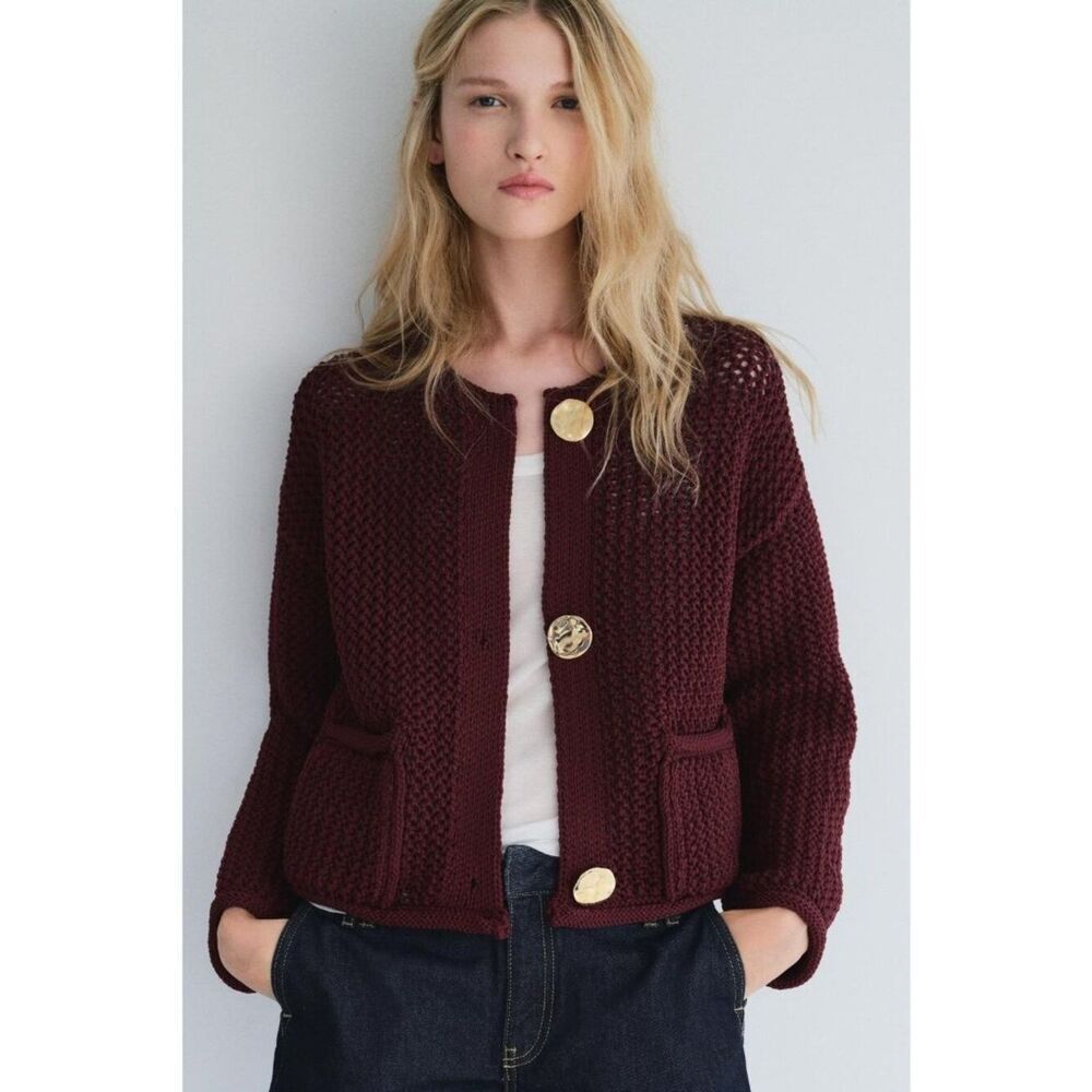 Zara Womens Chunky Knit Cardigan Small Pomegranate Round Neck 5802/111 NWT